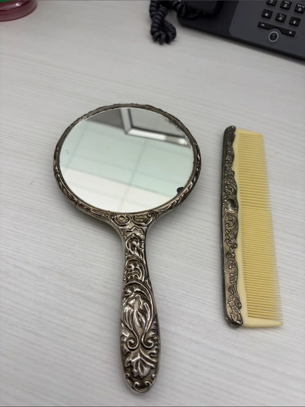 Vintage Silver plated Hand Mirror and Comb Set - Ornate Floral Design